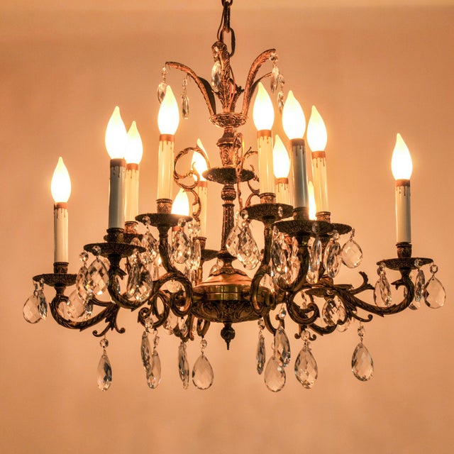 Antique Brass and Crystal Chandelier 12 Light For Sale - Image 11 of 14