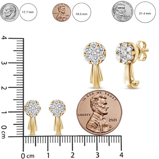 14K Yellow Gold 3/4 Cttw Diamond Floral Cluster Drop and Dangle Stud Earrings (H-I Color, I1-I2 Clarity) For Sale In New York - Image 6 of 6