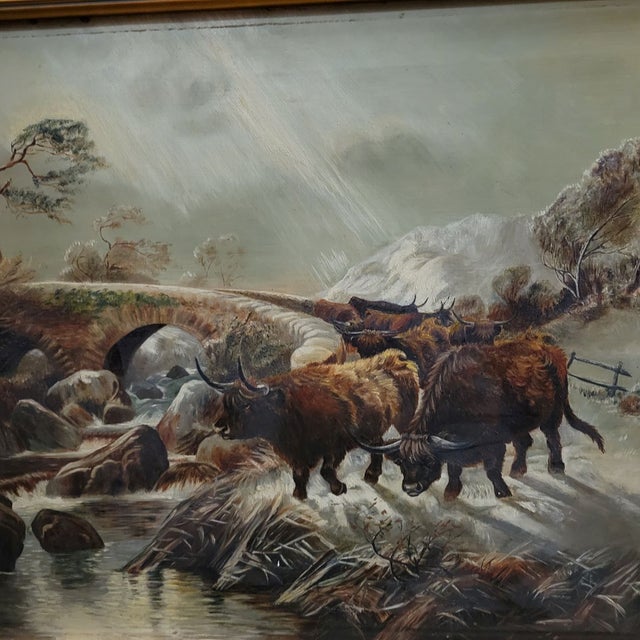 Late 19th Century 19th C Scottish Highland Cattle Oil on Canvas Painting Framed For Sale - Image 5 of 10