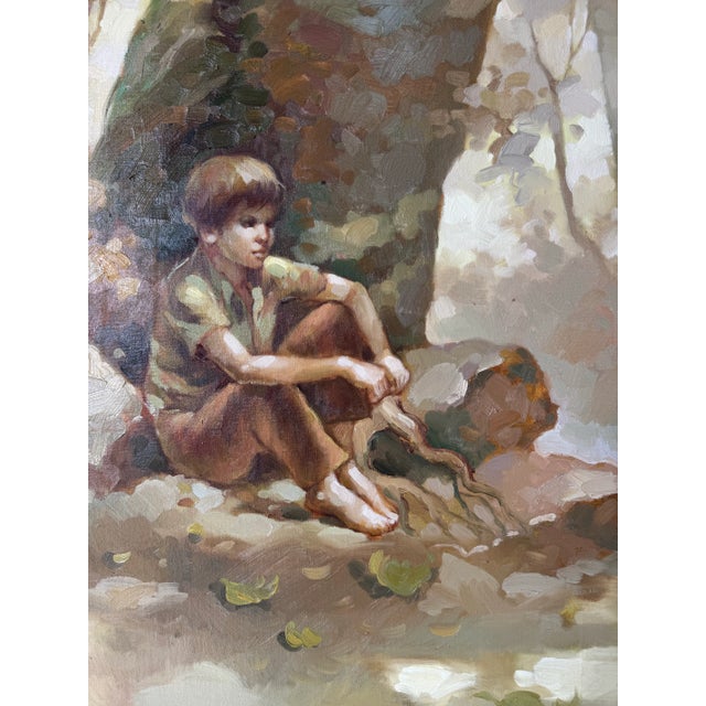 1980’s Veryl Grace Child Under Tree Impressionist Landscape Oil on Canvas Painting, Wood Framed For Sale - Image 9 of 11