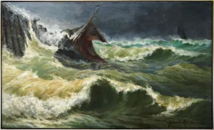 Late 19th Century "Rescue in Stormy Seas" Nautical Seascape Oil Painting on Canvas, Framed