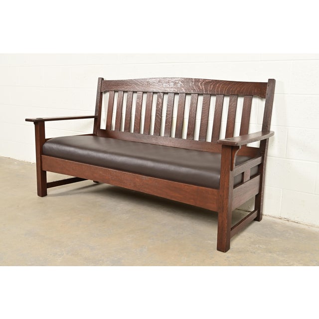 Mission Limbert Antique Mission Oak Arts & Crafts Settle Sofa, Circa 1910 For Sale - Image 3 of 17