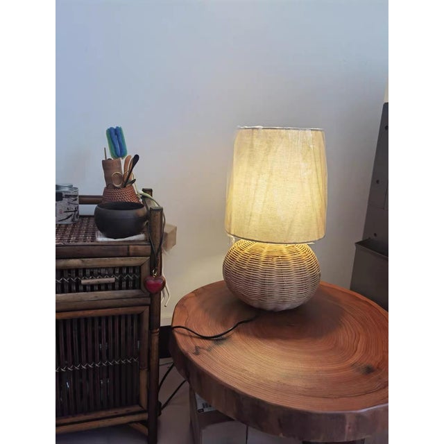 2020s Light Beige Linen & Spherical Rattan Lamp For Sale - Image 5 of 7