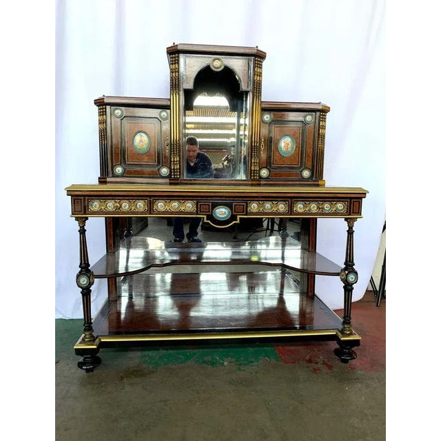 Ceramic 19th-Century French Kingwood and Porcelain Mirrored Cabinet on Stand For Sale - Image 7 of 11