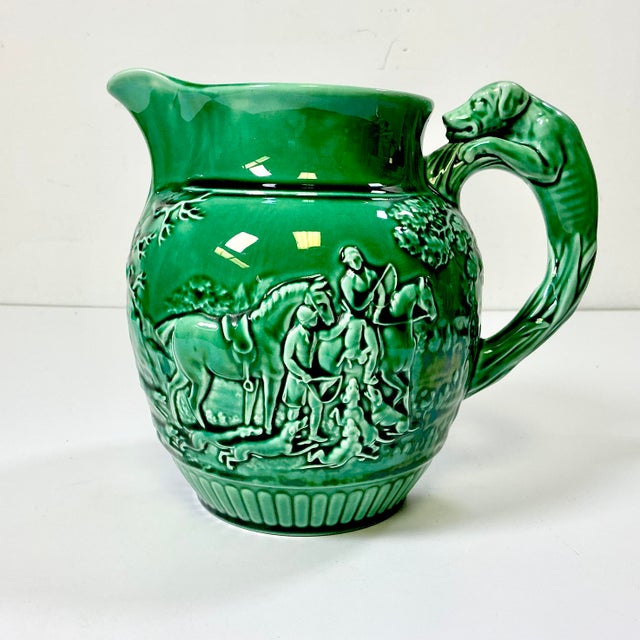 Wedgwood 1930s Vintage Boho Chic English Rustic European Wedgwood Majolica Hunting Motif Pitcher For Sale - Image 4 of 16
