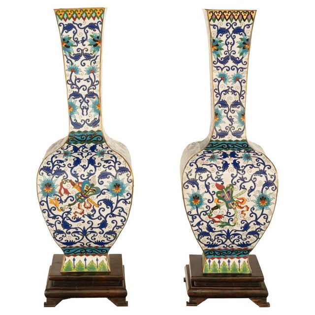 Blue Antique Pair Monumental Chinese Qing Qianlong Period Cloissoné Enamel Vases 1795 For Sale - Image 8 of 16