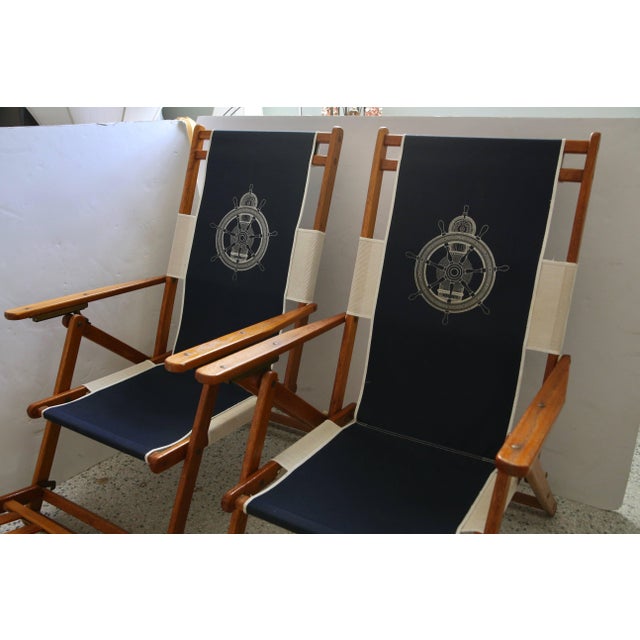 Ralph Lauren Ralph Lauren Inspired Deck Chairs Oakwood With Navy Blue and White Upholstery - a Pair For Sale - Image 4 of 10