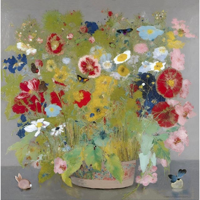 A modern impressionist floral still life filled with color in a high quality printed canvas floated in a natural wood...