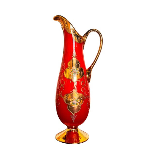 Mid 20th Century Bohemian Hand-Enameled Cased Glass Pitcher & Goblet Set With Ornate Gold Overlay - 7 pcsc For Sale - Image 4 of 11