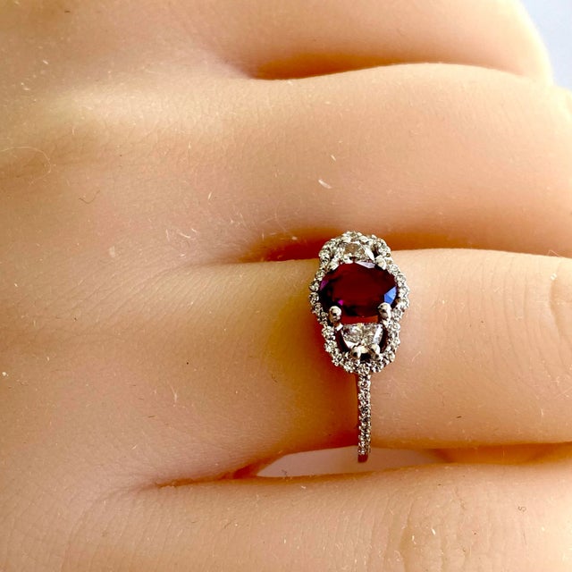 Red Oval Burma Ruby Half Moon Diamonds 2.20 Carat Eighteen Karat White Gold Ring Size 6 For Sale - Image 8 of 10