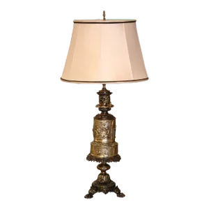 19th Century French Repousse Brass Oil Table Lamp With Tavern Scenes