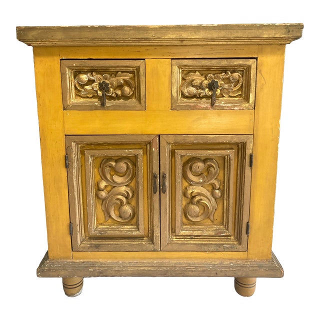 Antique Hand Carved Yellow and Gold Small Cabinet For Sale