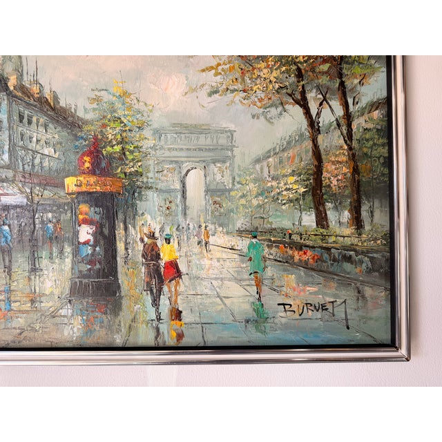 Vintage Burnett Parisian Street Scene Oil on Canvas Painting – Framed For Sale - Image 9 of 13