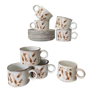 Mid 20th Century Wild Oats Stoneware Mugs & Saucers Set - Midwinter English Coffee Cups - 15pcs For Sale