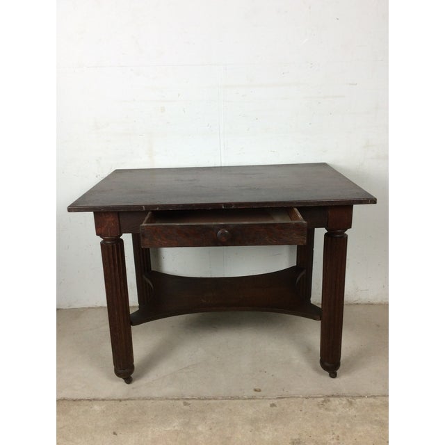 American Antique Oak Writing Table With Drawer and Turned Wood Legs on Wheels For Sale - Image 3 of 10
