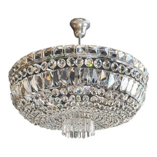 1940s Art Deco Low Plafonnier Crystal Chandelier in Chrome Lustre For Sale