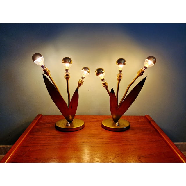 Mid-Century Brass Table Lamps with Floral Decoration, 1950s, Set of 2 For Sale - Image 13 of 15