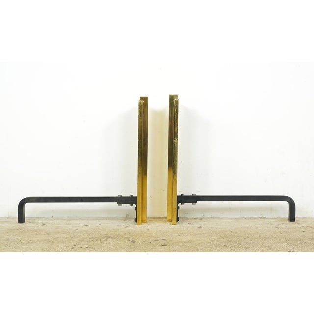 Pair of Mid Century Modernist Brass Fireplace Andirons For Sale - Image 4 of 7