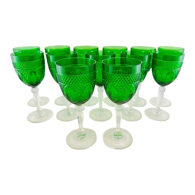 Vintage Emerald Green Pressed Glass Water Goblets With Clear Stems, Set of 13 For Sale