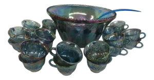 Indiana Harvest Grape Style Carnival Glass Set of Punch Bowlnd 22 Cups