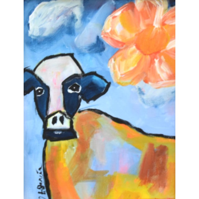 Abstract Whimsical Impressionist Cow Painting Including the Antiqued Gold Wood Frame For Sale - Image 3 of 5