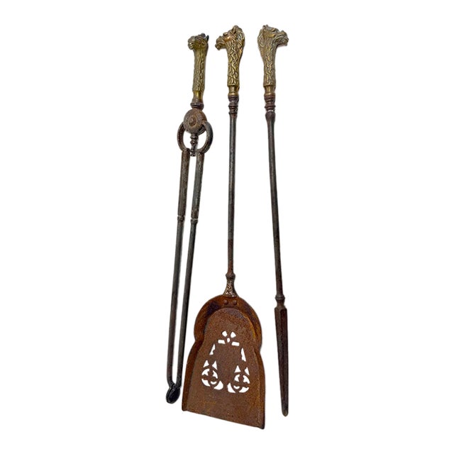 Set of 3 Antique 1800s Brass Steel Figural Dragon Fireplace Tools Poker Tong For Sale