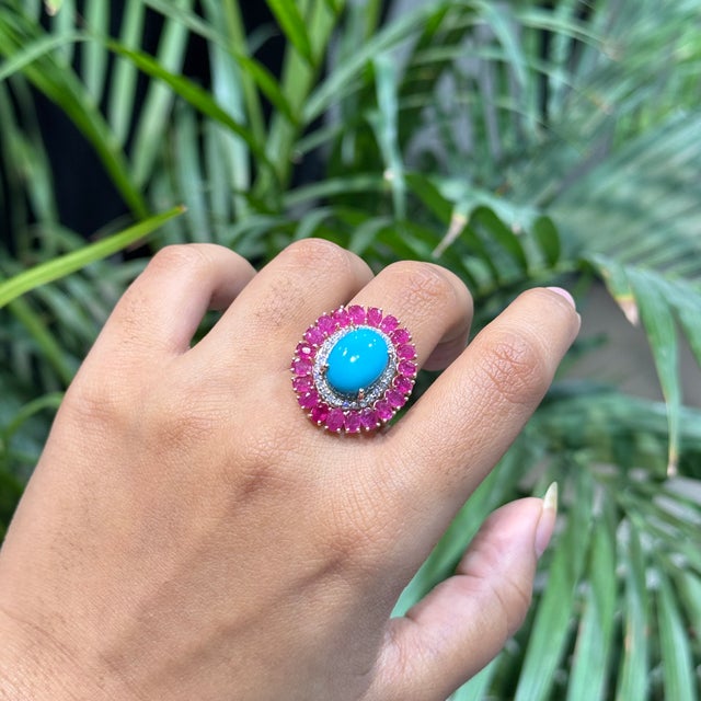 14k Yellow Gold 9.35ct Cabochon Turquoise Ruby & Diamond Halo Cocktail Ring Size 5 For Sale In New York - Image 6 of 18