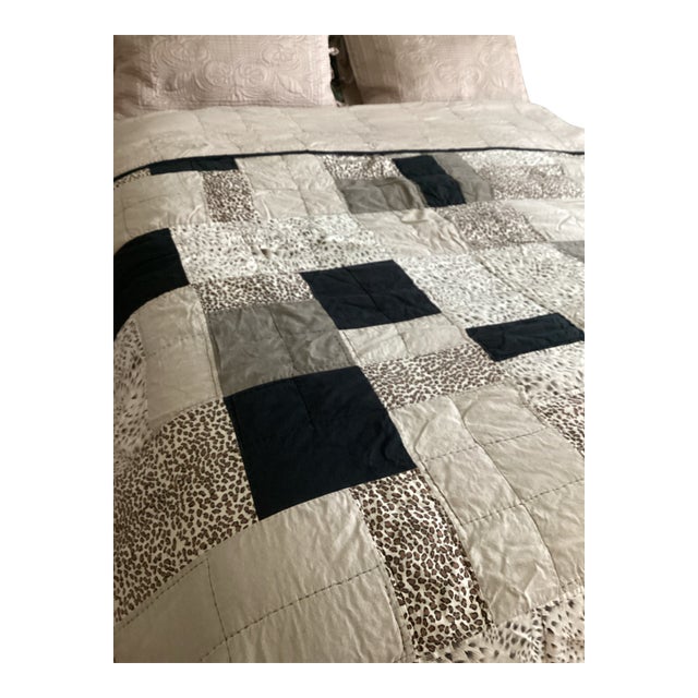Vintage Handmade Patchwork Quilt Blanket Black Tan With Leopard Animal Print Squares King For Sale