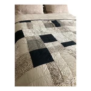 Vintage Handmade Patchwork Quilt Blanket Black Tan With Leopard Animal Print Squares King