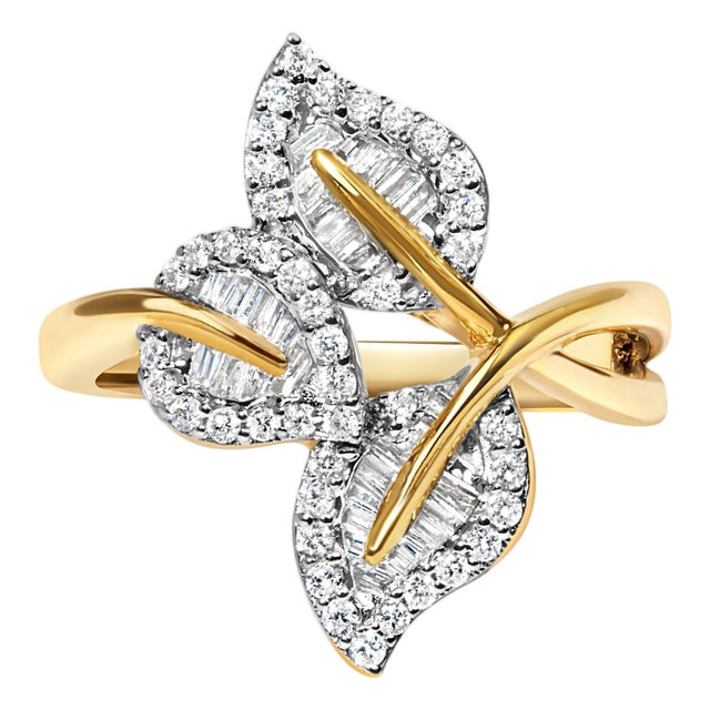 18K Yellow Gold Plated .925 Sterling Silver 1/2 Cttw Baguette and Round Diamond Bypass Triple Leaf Ring (I-J Color, I1-I2 Clarity) - Size 6 For Sale