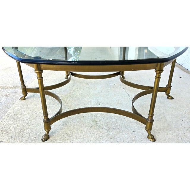 Hollywood Regency Vintage LaBarge Hexagonal Brass Hoof Footed Glass Top Coffee Table For Sale - Image 3 of 13