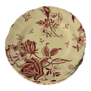 Mid Century J & G Meakin Tudor Roses Cream & Burgundy Ironstone Salad Plates - Set of 8 For Sale