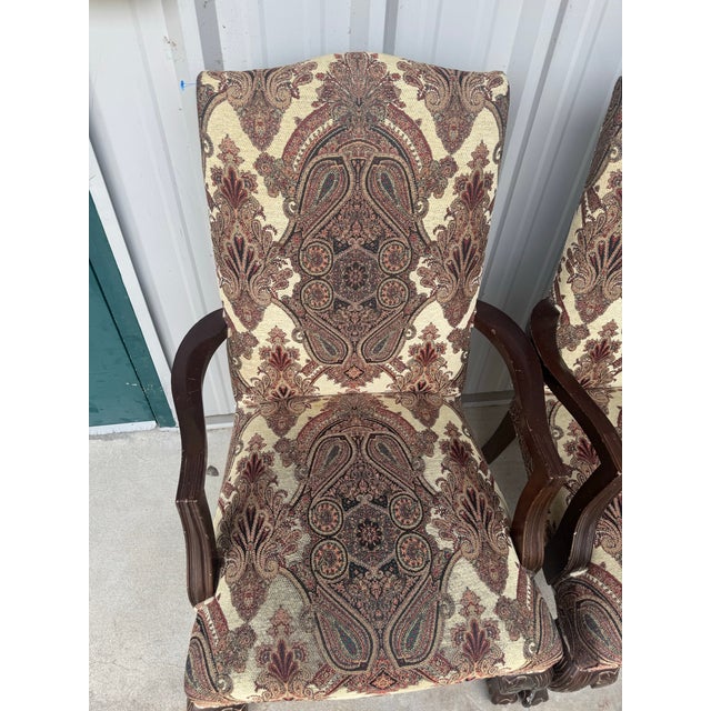 2 Vintage Queen Anne Accent Chairs, Paisley Tapestry Armchairs, Cabriole Legs For Sale - Image 4 of 11