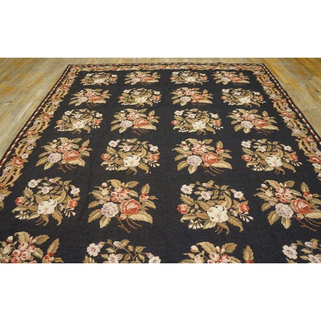 Rustic European 1980s Black Floral European Vintage Needlepoint Carpet 7'10'' X 9'6'' Flatweave Wool Rug For Sale - Image 3 of 9