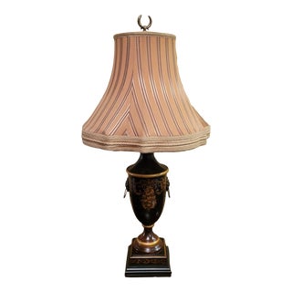 1980s Chelsea House Neoclassical Urn-Style Black Toleware Lamp Ft. Figural Lion Heads For Sale