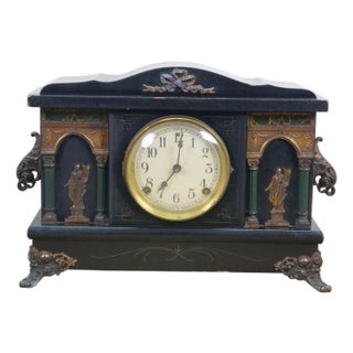 Antique Sessions Neoclassical Figure With Lyre Key Wound Mantel Clock 17" For Sale