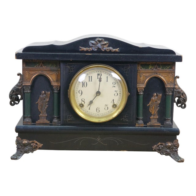 Antique Sessions Neoclassical Figure With Lyre Key Wound Mantel Clock 17" For Sale