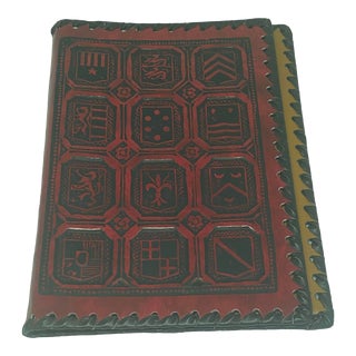 Early 21st Century Italian Burgundy Tooled Leather Book Cover With 12 Shields Design For Sale