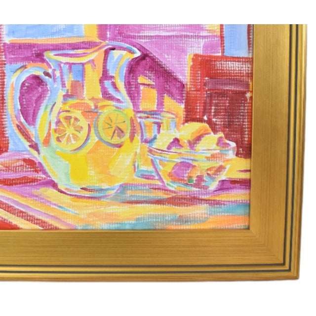 Original impressionist painting of a pitcher of lemonade on a stretched artist canvas. Signed by the artist "Charlene...
