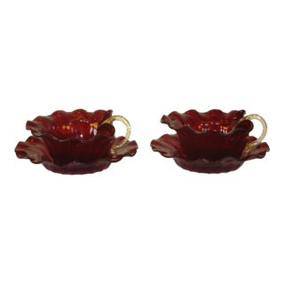 Early 20th Century Desert Bowls Venetian Glass Deep Red Delicate Gold Gilding Likely Salviati Pair - Set of 4 For Sale