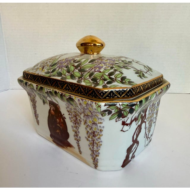 Late 19th C. Antique Japanese Lidded Porcelain Box With Monkeys & Wisteria For Sale - Image 9 of 17