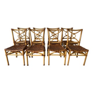 Vintage McGuire-Style Boho Chic Coastal Rattan & Leather Dining Chairs – Set of 8 For Sale