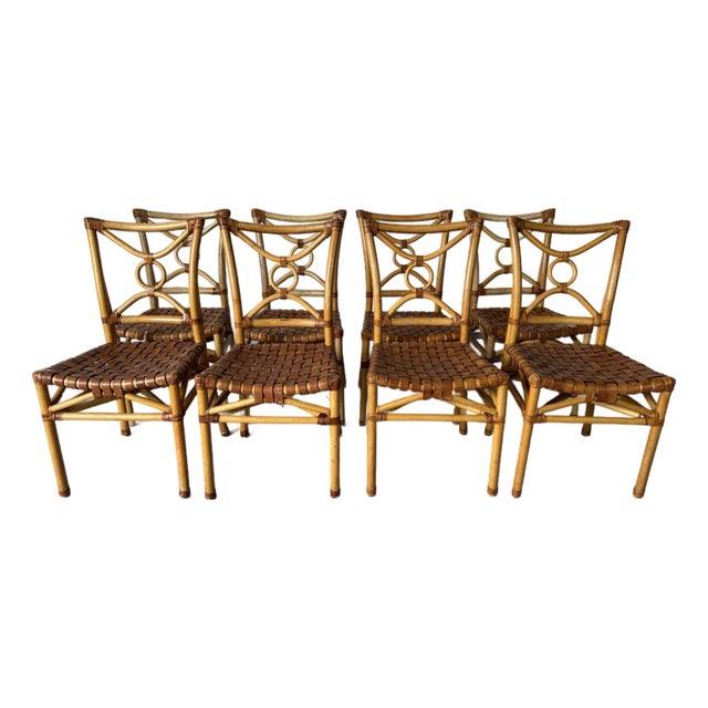 Vintage McGuire-Style Boho Chic Coastal Rattan & Leather Dining Chairs – Set of 8 For Sale