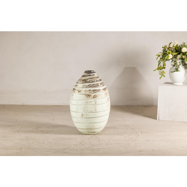 Large Artisan Cream Glazed Ceramic Vase with Brown Striated Bands For Sale - Image 13 of 17