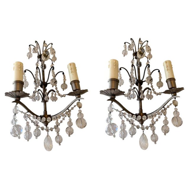 Louis XVI French Silvered Metal and Cut Crystal Two-Light Sconces, 1940s, Set of 2 For Sale - Image 10 of 10