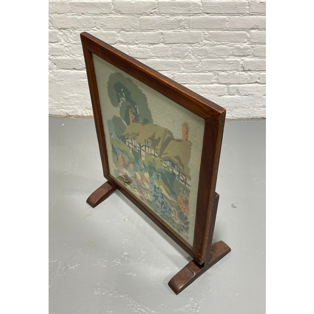 Antique Needlepoint Fires Screen With Cottage Garden Scene, Wood Framed Hearth Screen, C. 1920s–1940s For Sale - Image 11 of 11