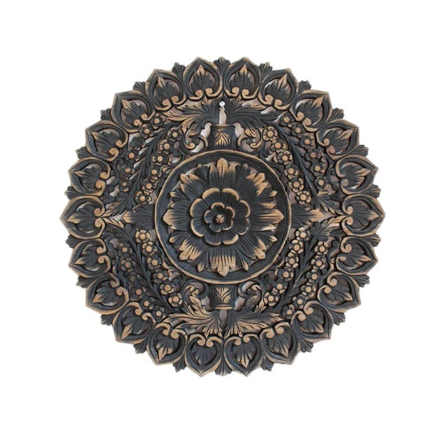 Indian Vintage Antique Burn Carved Boho Medallion Wall Panel 24" For Sale - Image 3 of 3