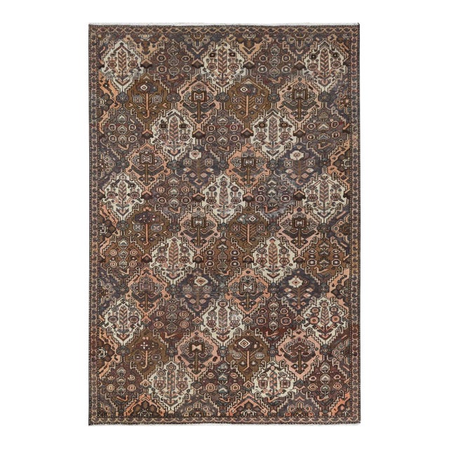 1960s Chocolate Brown, Wool Hand Knotted Vintage Persian Bakhtiar With Garden Patch Design, Distressed, Rug For Sale
