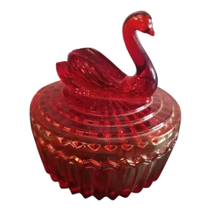 Vintage 1960s Jeannette Amberina Glass Swan Covered Dish