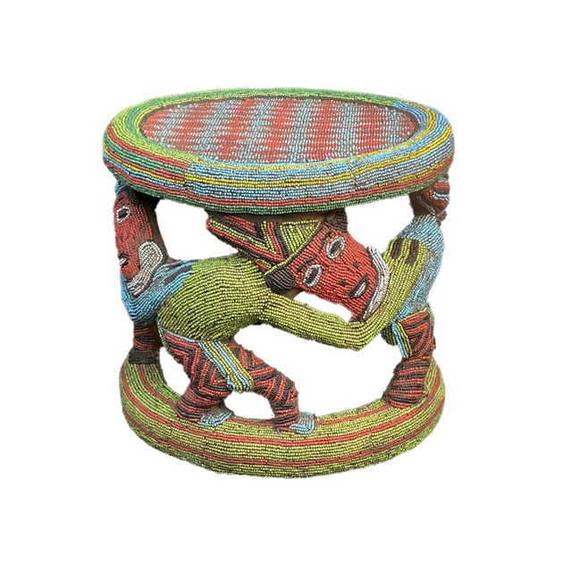 Large Nobility Beaded Wood Bamileke Throne /Table/ Stool Cameroon 21" D For Sale - Image 4 of 9